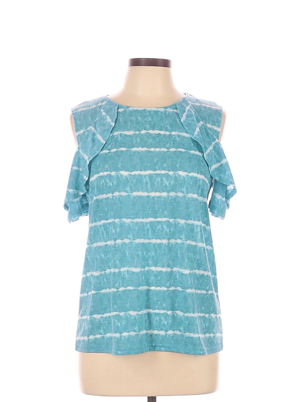 Juicy Couture Teal and White Striped Cold-Shoulder Ruffle Tank